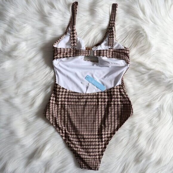NWT Brown Houndstooth Print Plus Size One Piece Bathing Suit Size 0X Beach Pool - Picture 6 of 8